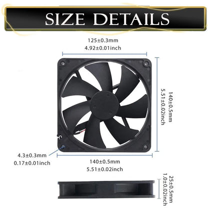 Ventilador Gdstime 140mm (5V/12V/24V, 2PIN/USB, Rodamiento Bola/Buje) para Gabinete PC/CPU Laptop (140x140x25mm)