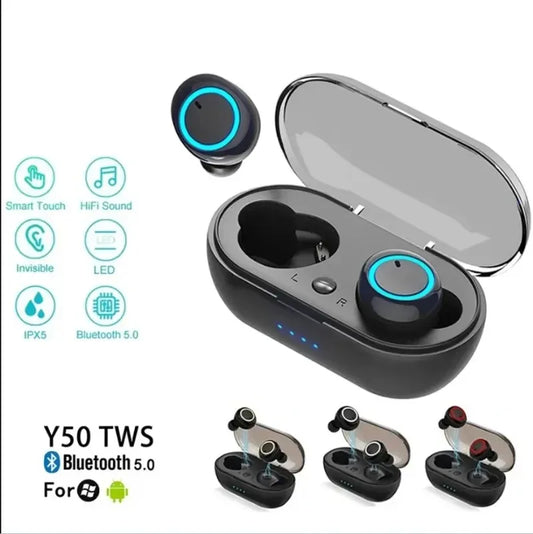 Auriculares Inalámbricos Y50 TWS Bluetooth 5.0 Deportivos con Micrófono y Pantalla LED (Control Táctil, Estéreo 9D, Impermeables)