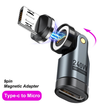Adaptador Magnético OTG AUFU 9 Pines Tipo C Hembra a Tipo C/iOS/Micro Macho (PD 240W Carga Rápida) Convertidor para iPhone/Laptop