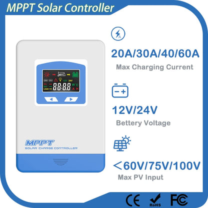 Controlador Carga Solar MPPT 20A/30A/40A 12V/24V Auto Cargador Batería Max PV 60V/100V LCD Regulador