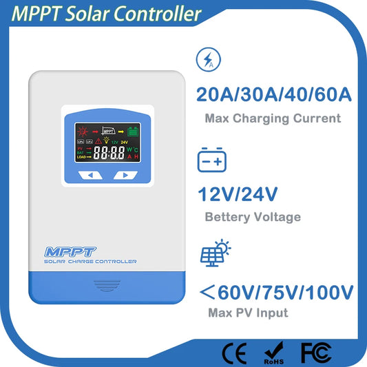 Controlador Carga Solar MPPT 20A/30A/40A 12V/24V Auto Cargador Batería Max PV 60V/100V LCD Regulador