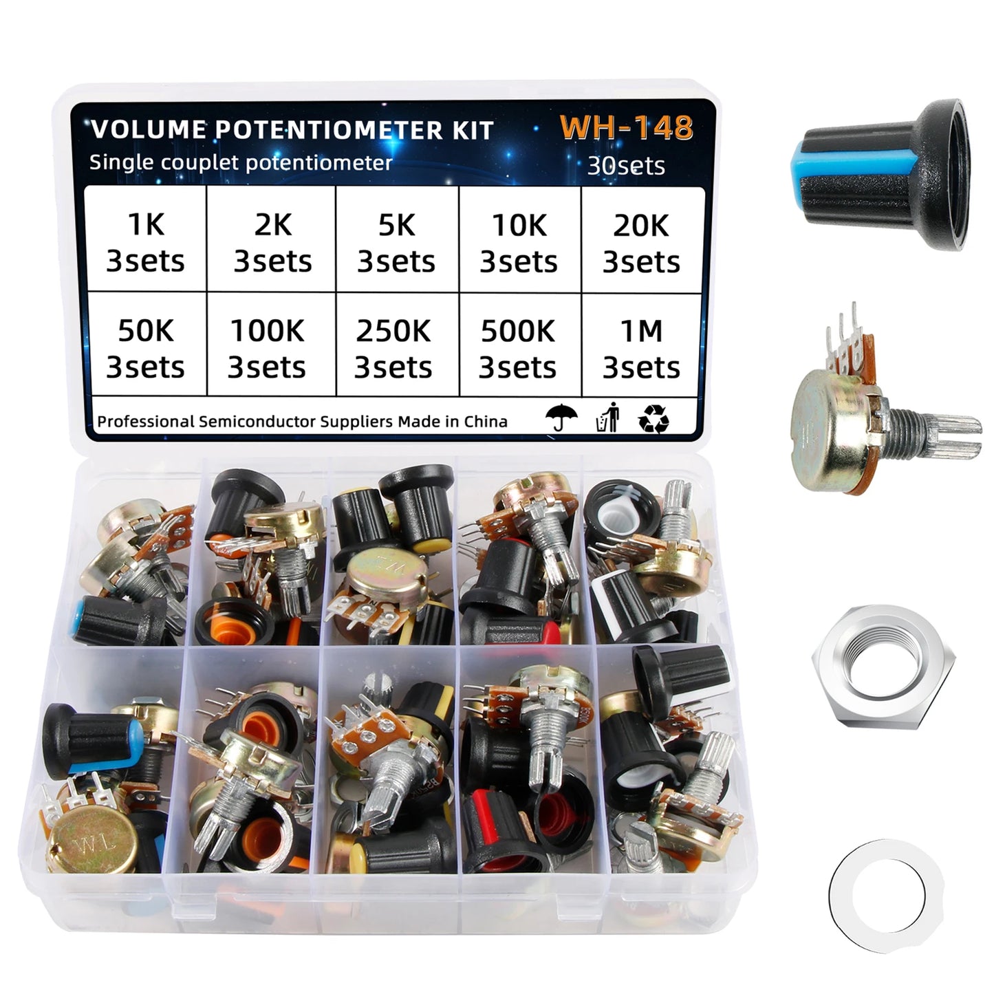 Kit Surtido Potenciómetros Variables WH148 (1K/10K/50K/500K/1M Ohm) con Tuercas y Arandelas (30 Sets)