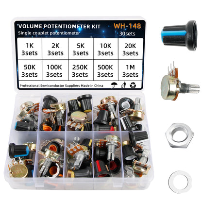 Kit Surtido Potenciómetros Variables WH148 (1K/10K/50K/500K/1M Ohm) con Tuercas y Arandelas (30 Sets)