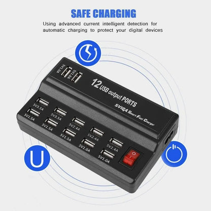 Estación Carga USB Escritorio 12 Puertos Hub Múltiple Adaptador para Teléfono Móvil/Dispositivos USB