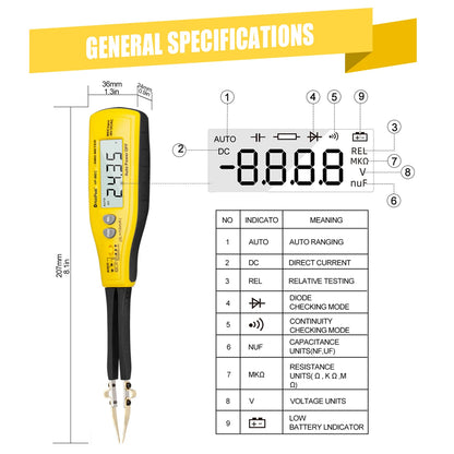 Medidor Capacitancia Digital BT-990C - Tester SMD Diodo/Resistencia (Tipo Pinza) + Puntas Repuesto