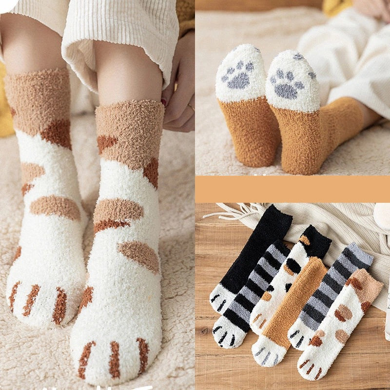 Calcetines Blancos Mujer Felpa Cálidos Diseño Kawaii Cartoon Patita Gato/Perro 3D Divertidos para Casa/Dormir