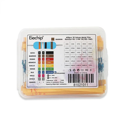 Kit Surtido Resistencias Película Metálica 1/4W 1% (1 Ohm - 10M Ohm) Caja DIY Electrónico (500/600/2600 Unidades)