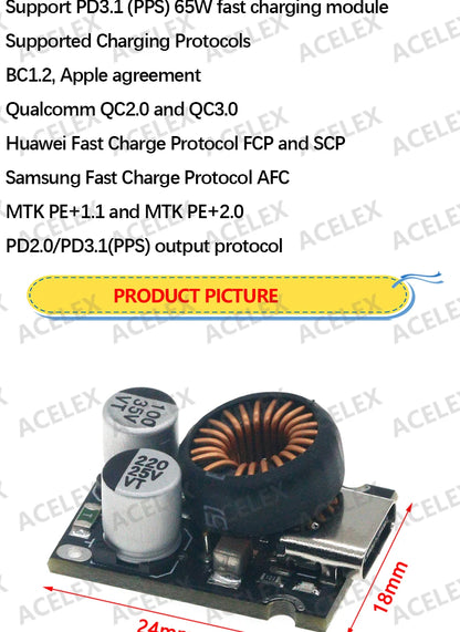 Módulo Carga Rápida Multi-Protocolo Mini 65W DC 12-30V PD2.0/PD3.1(PPS) Interface USB-C