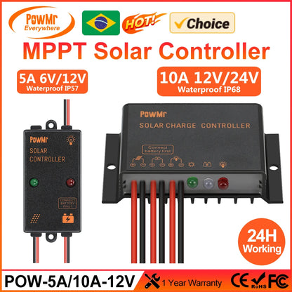 Choice MPPT 5A 10A Solar Charge Controller 6V/12V/24V Auto Adapt Regulator Solar Panel Waterproof IP57 IP68 Can Work for 24H