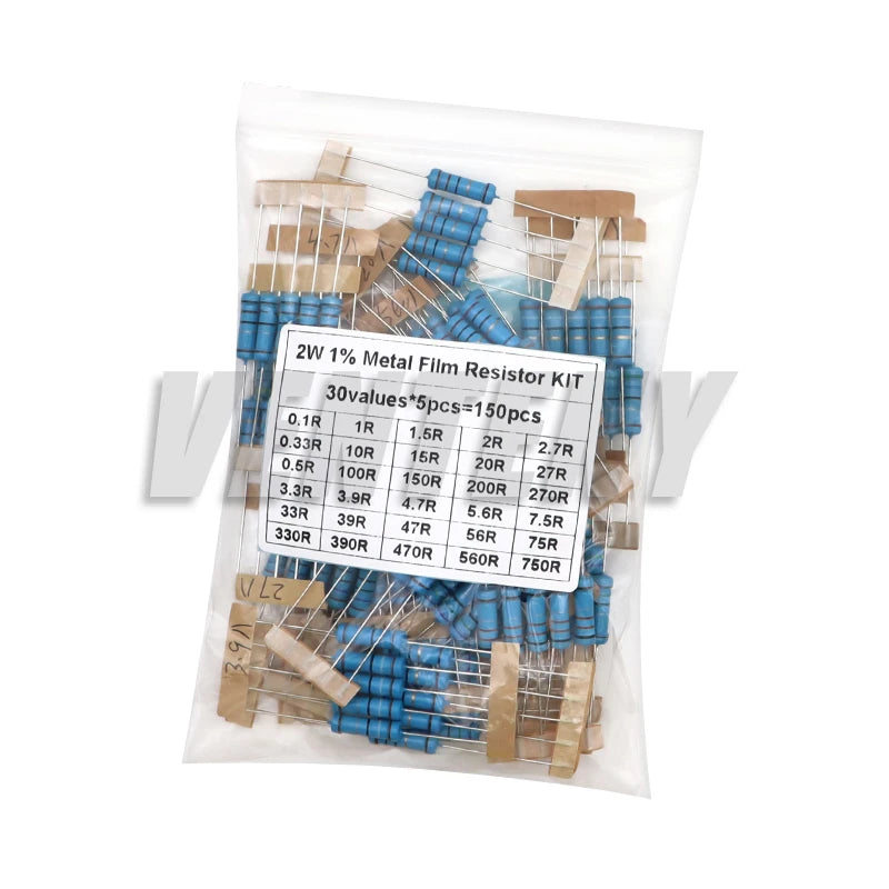 Kit Surtido Resistencias Película Metálica 1% (1/2W, 1W, 2W, 3W, 30 Valores, 1R-820K Ohm) (150/300 Piezas)