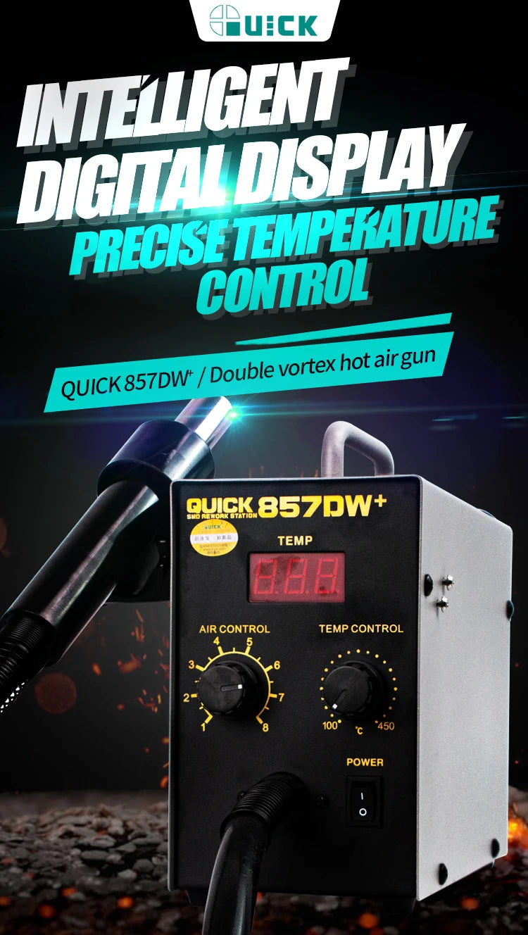 QUICK 857DW+ Intelligent Dual Eddy Current Hot Air Desoldering Station for SMD PCB BGA Welding Repair Desoldering Station Tools