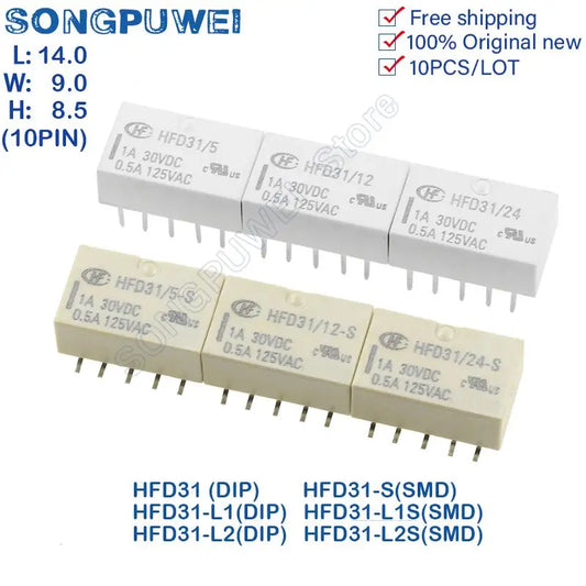 Relé Señal HFD31 SMD/DIP 10-Pin 0.5A 125VAC - Voltajes (5V/12V/24V DC) - Lote 10 Piezas