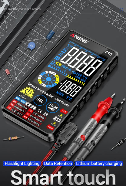 Multímetro Digital Inteligente ANENG AN-615 - Táctil Recargable (6000 Cuentas) Tester Voltaje/Corriente AC/DC