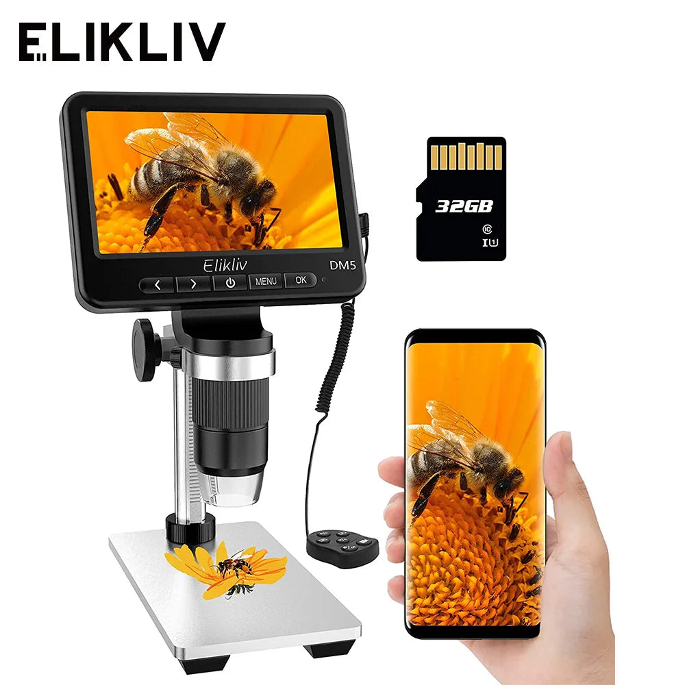 Elikliv DM5 5'' 1000X Wireless Digital Microscope for Electronics 1080P Soldering Coin Microscope For iPhone Android iPad PC 32G