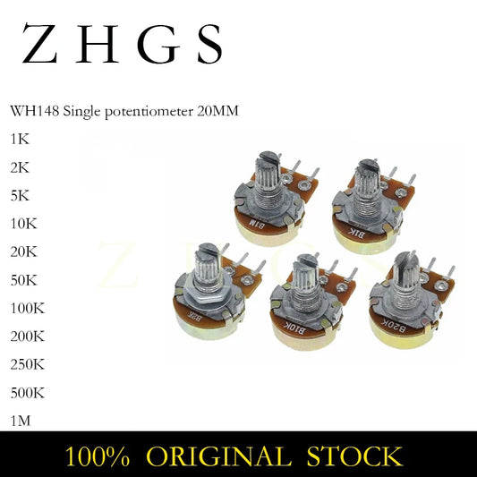 10PCS WH148 20mm 3pin Linear Potentiometer With Nuts And Washers 1K 2K 5K 10K 20K 50K 100K 250K 1M Potentiometers Kit