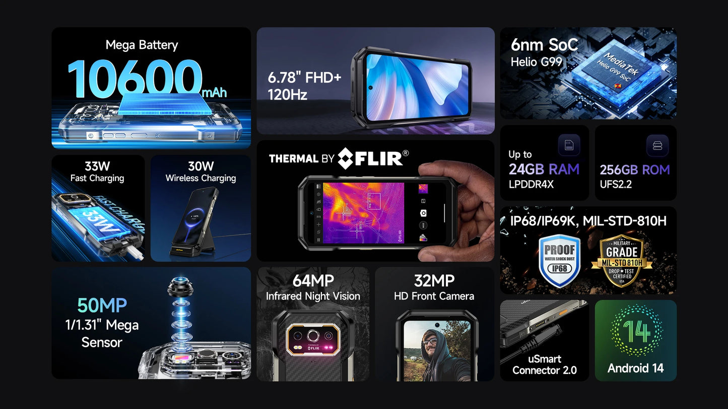 Celular Rugged Ulefone Armor 27T 4G con Cámara Térmica FLIR® y Visión Nocturna (10600mAh, 24GB/256GB, Android 14)