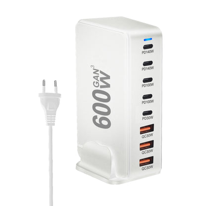 Cargador GaN Rápido 600W 8 Puertos (5 USB-C PD + 3 USB-A QC 3.0?) Portátil para Móvil/Tablet