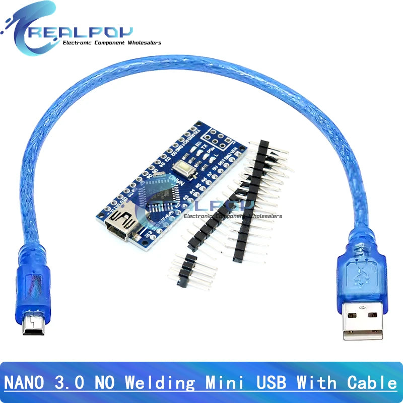 Placa Nano 3.0 (ATMEGA328P, 16MHz, CH340) con Bootloader (Puerto Mini/Tipo C/Micro USB) + Cable USB compatible Arduino