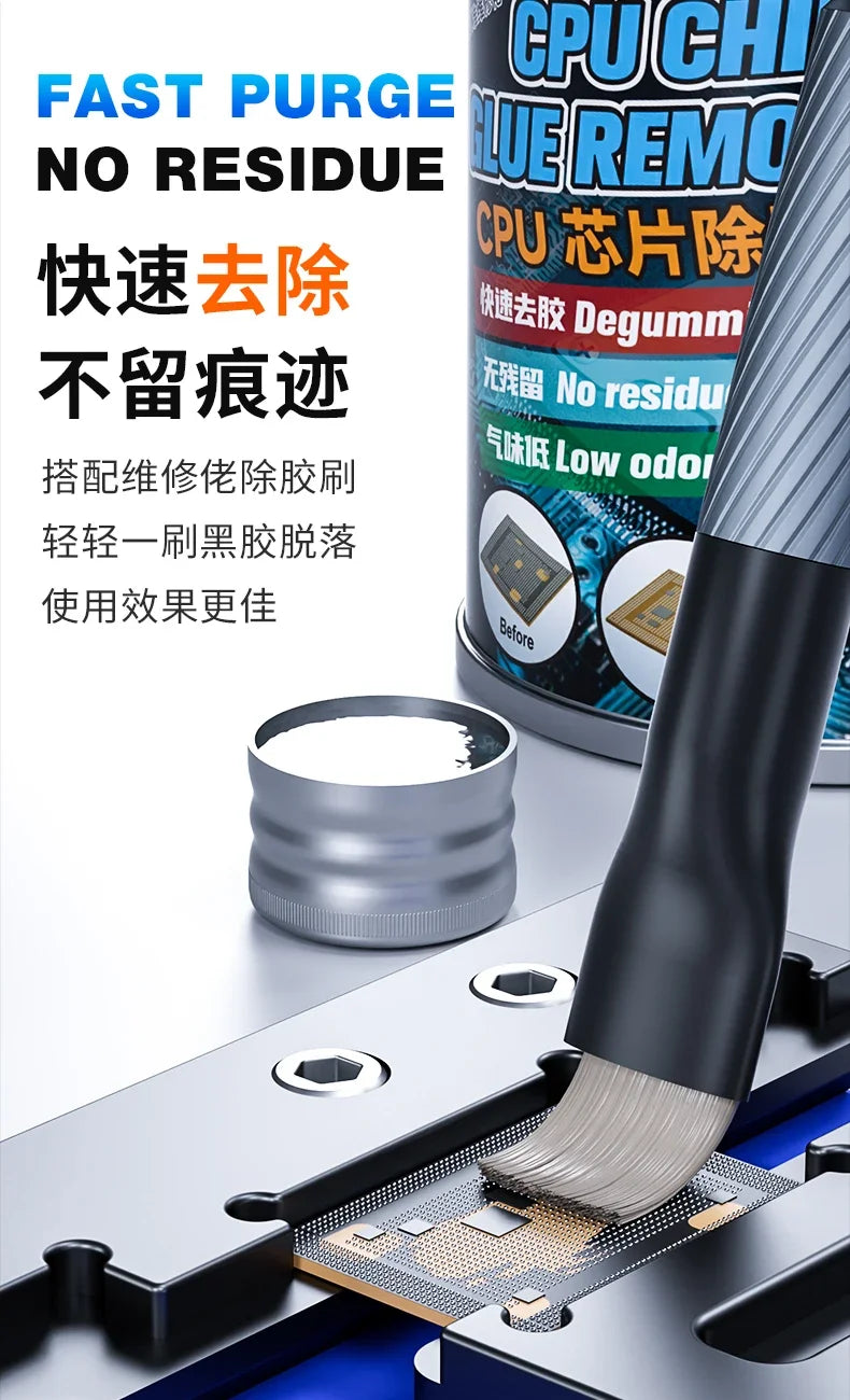 Líquido Removedor Pegamento CPU MECHANIC GR300 (300ml) con Cepillo Limpieza para IC (Inmersión 20 min) Herramienta Reparación Teléfono