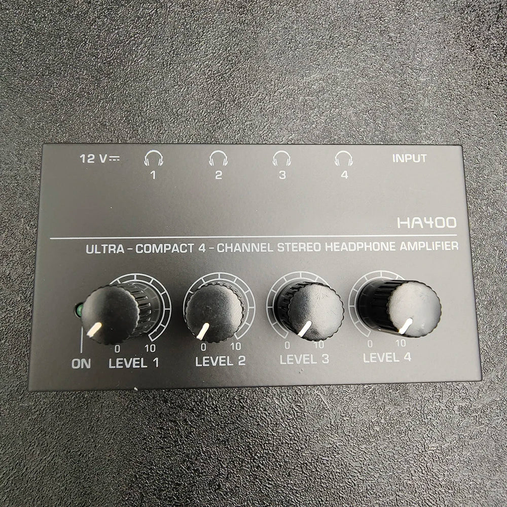 Mini Amplificador Audio Estéreo 4 Canales HA400 Ultra Compacto para Audífonos con Adaptador EU/US (Mezclador Música/Grabación)