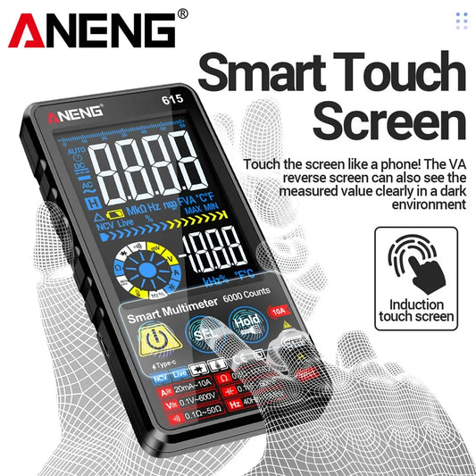 Multímetro Digital Inteligente ANENG AN-615 - Táctil Recargable (6000 Cuentas) Tester Voltaje/Corriente AC/DC