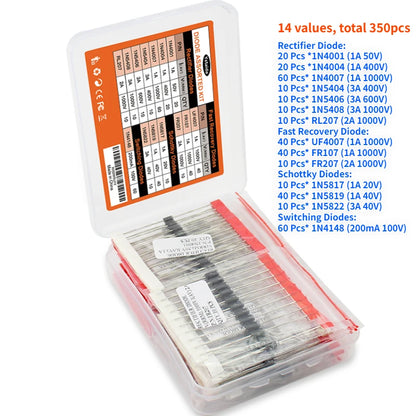 Kit Surtido Diodos 14 Valores (Rectificador/Recuperación Rápida/Schottky/Switching) 1N4001-FR207 en Caja (350 Piezas)