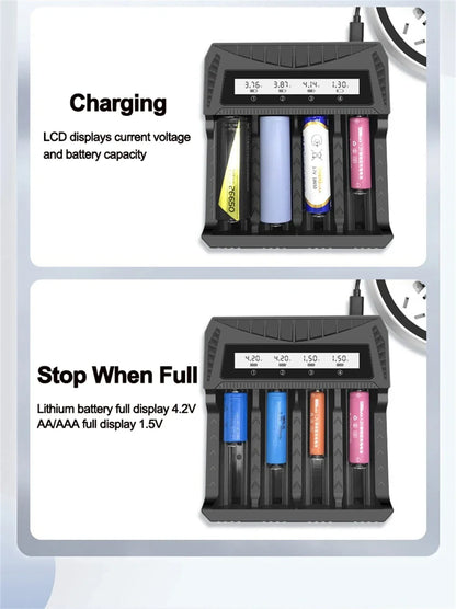Cargador USB Inteligente Baterías LCD (1/2/4 Ranuras) para Litio Recargable 18650 (4.2V) / Ni-MH AA/AAA (1.2V)