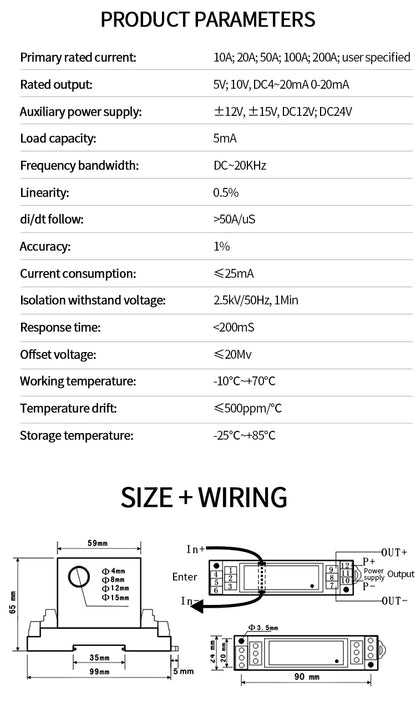 Transmisor/Transductor Corriente AC/DC 0-10A a 150A a 0-10V/0-5V/4-20mA Agujero 8mm/12mm DC24V