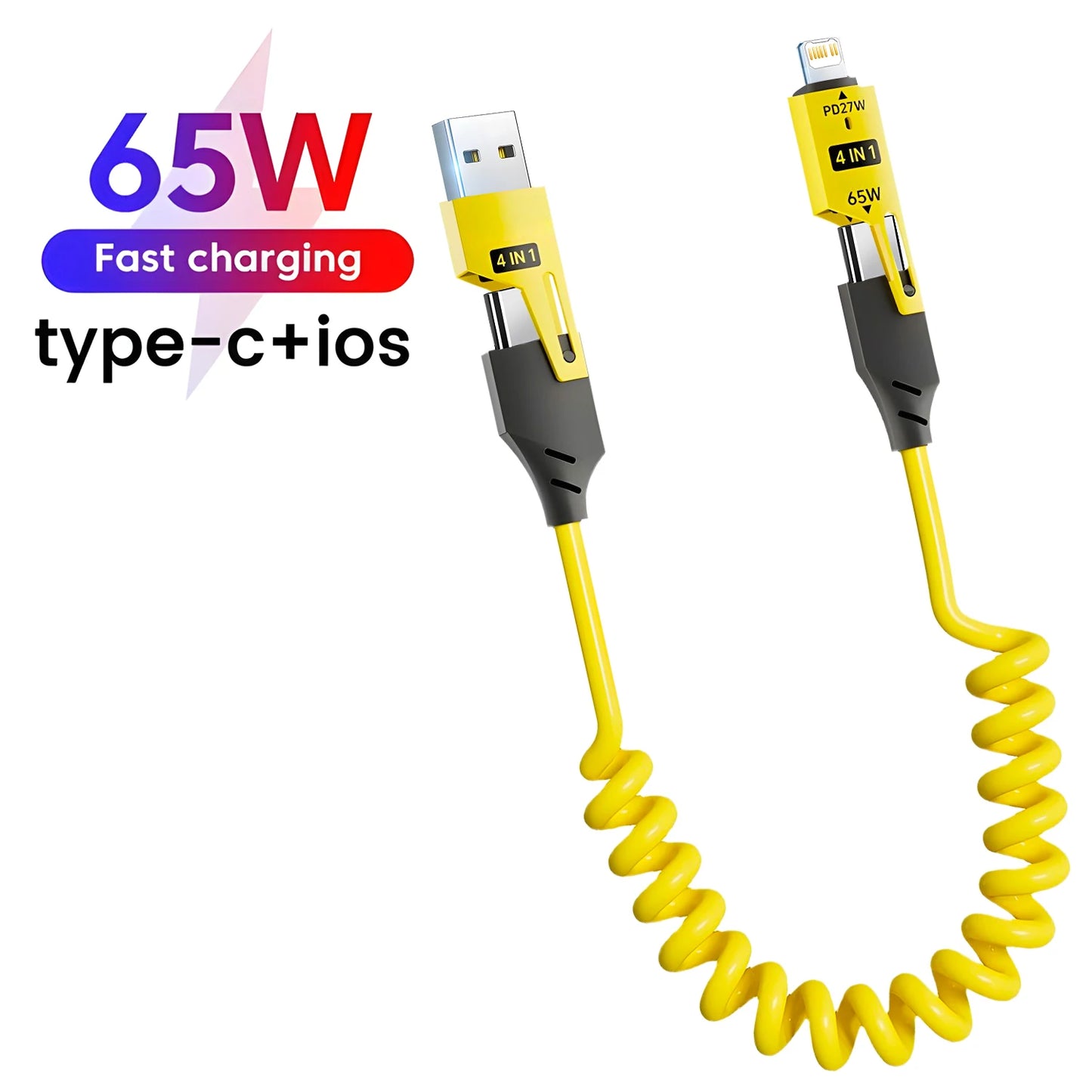 Cable Datos Corto Resorte 4 en 1 (65W, 6A) USB Tipo C Telescópico Carga Rápida para iPhone 15/14/13/12