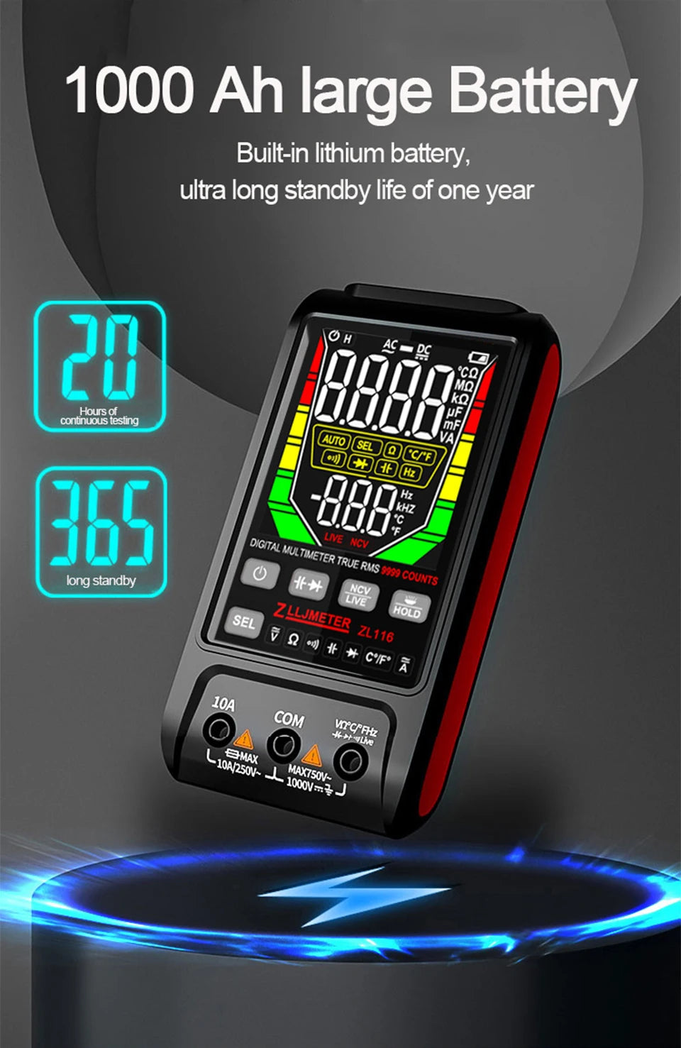 Multímetro Digital Inteligente USB (9999 Cuentas) - Pantalla Grande, AC/DC, Capacitancia, Ohm, Hz, Temp
