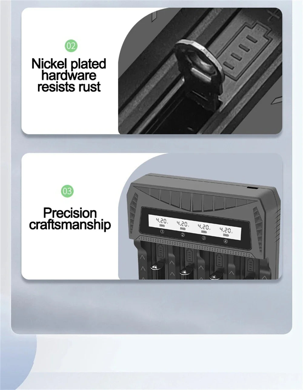 Cargador USB Inteligente Baterías LCD (1/2/4 Ranuras) para Litio Recargable 18650 (4.2V) / Ni-MH AA/AAA (1.2V)