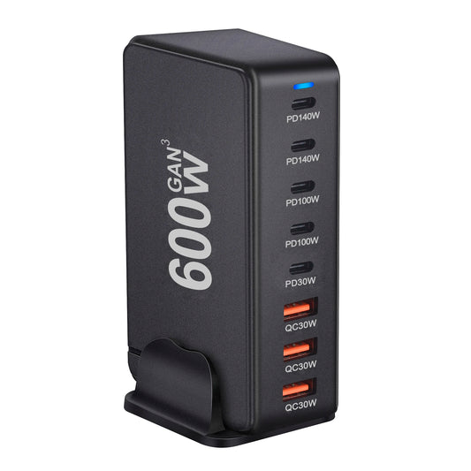 Cargador GaN Rápido 600W 8 Puertos (5 USB-C PD + 3 USB-A QC 3.0?) Portátil para Móvil/Tablet