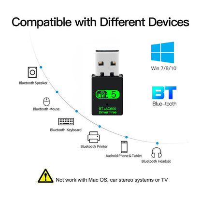 Adaptador Dongle USB 2 en 1 WiFi 600Mbps (2.4G/5G) + Bluetooth 5.0 (Driver Free) Receptor WLAN Inalámbrico