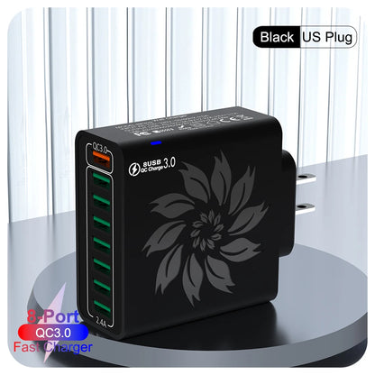 Cargador Rápido USB 8 Puertos QC5.0 120W Adaptador Corriente Enchufe EU/US/KR para iPhone 13/14/15/Xiaomi/Samsung