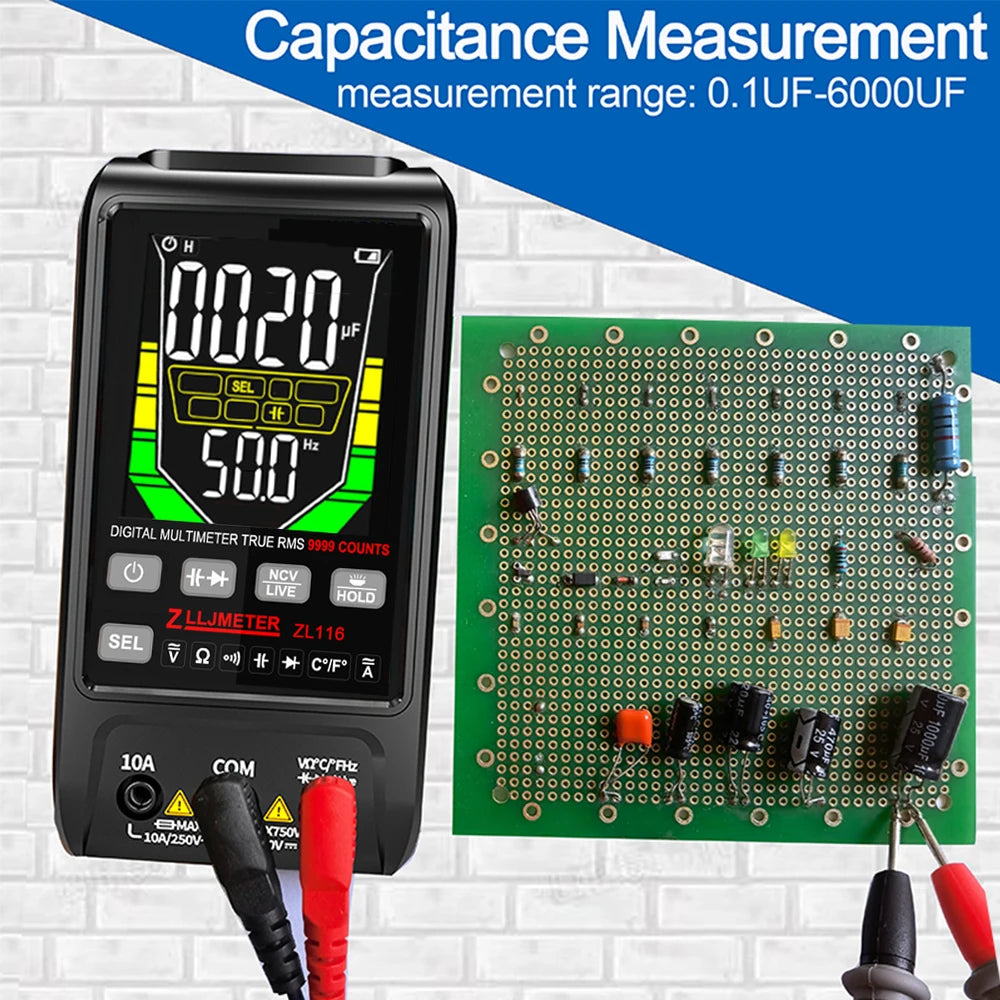 Multímetro Digital Inteligente USB (9999 Cuentas) - Pantalla Grande, AC/DC, Capacitancia, Ohm, Hz, Temp