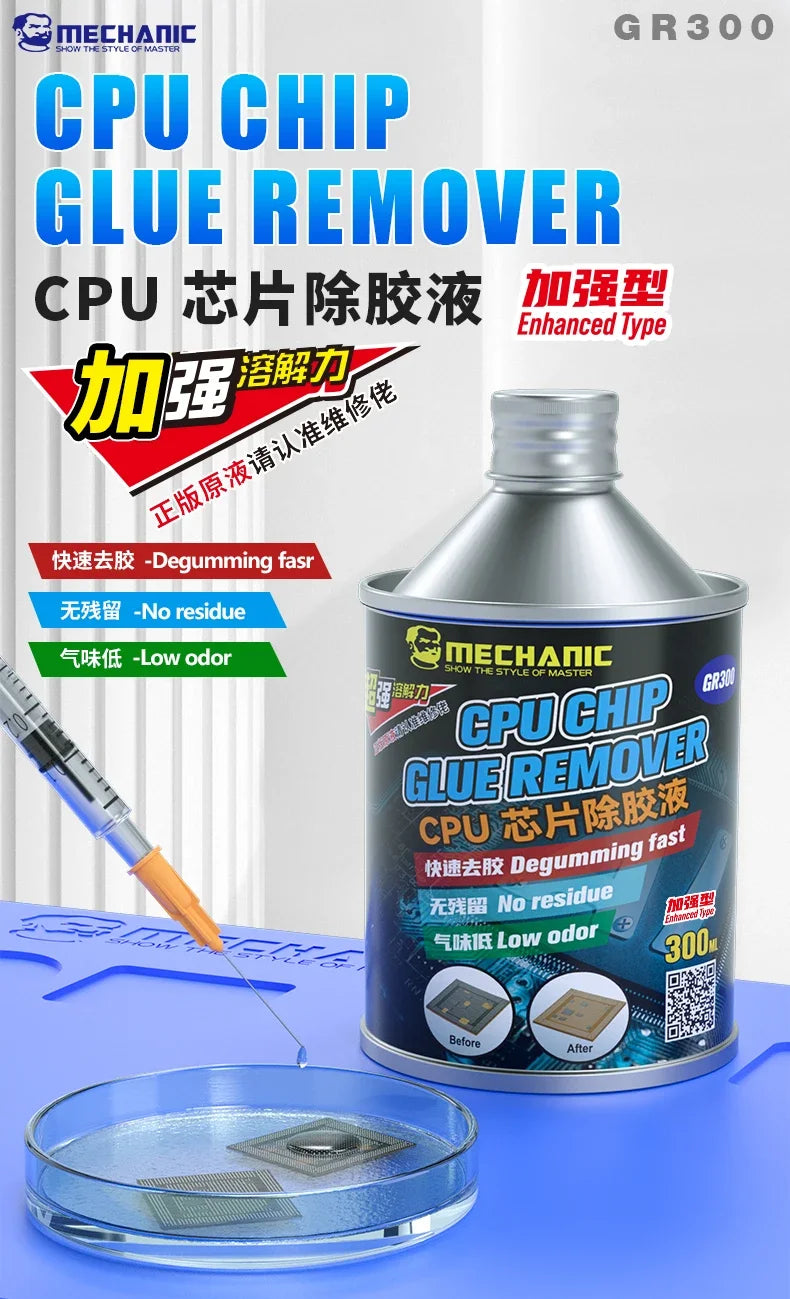 Líquido Removedor Pegamento CPU MECHANIC GR300 (300ml) con Cepillo Limpieza para IC (Inmersión 20 min) Herramienta Reparación Teléfono
