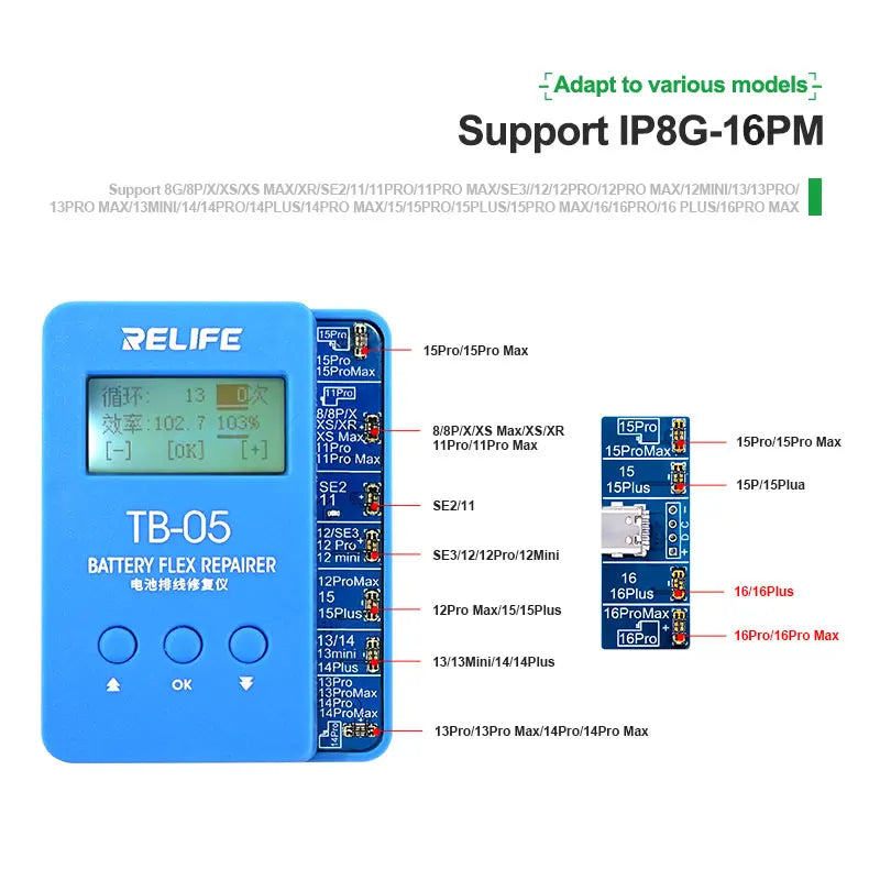 RELIFE TB-05 Battery Repair Instrument Tag On Flex Setup-free For IPhone 8G-16PM Battery Health Data Reading Writing Fix Tools