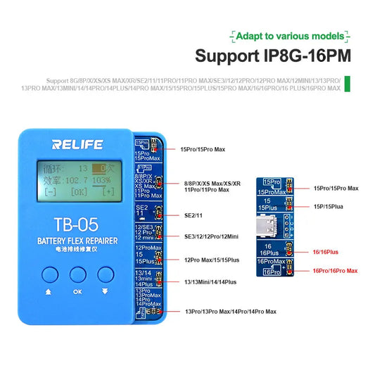 RELIFE TB-05 Battery Repair Instrument Tag On Flex Setup-free For IPhone 8G-16PM Battery Health Data Reading Writing Fix Tools