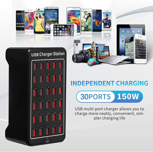 Hub Cargador USB Inteligente Escritorio 20/30 Puertos (100W/150W) Estación Carga Multi-Puerto para Samsung/iPhone/iPad/Tablet