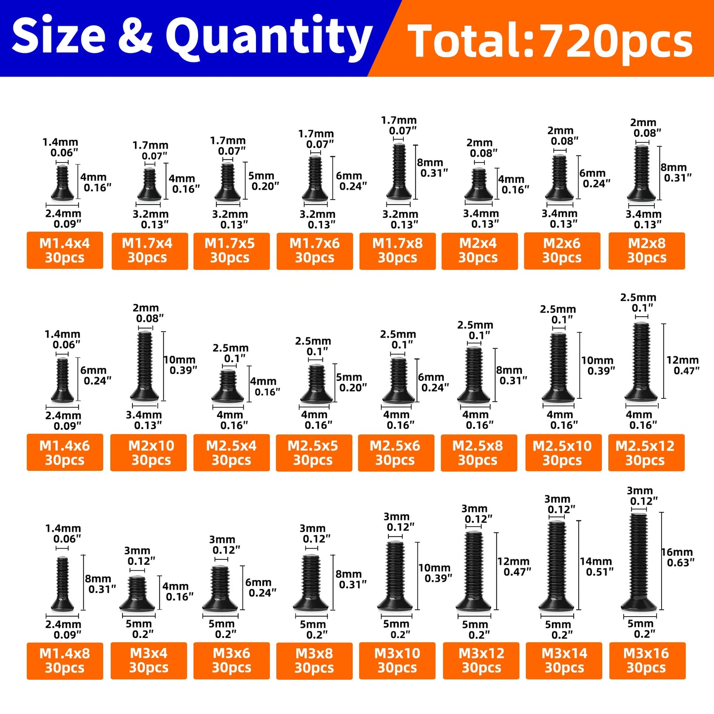 Kit Tornillos Pequeños Phillips Cabeza Plana Avellanada (M1.4-M3) Acero Carbono para Laptop/Computadora (720 Piezas)
