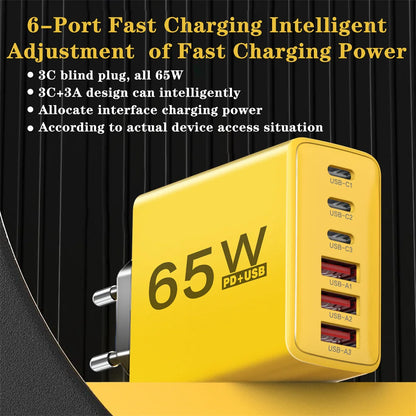 Cargador Pared USB C Múltiple 6 Puertos 65W Carga Rápida Total PD Adaptador Móvil para iPhone 15/16 Pro/Xiaomi/Samsung