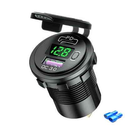 Cargador USB Auto/Camión PD 60W + QC 3.0 con Switch LED Voltímetro 12V/24V Carga Rápida