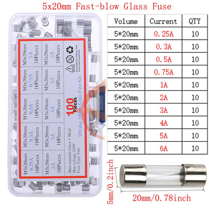 12V-250V Slow Fast Glass Fuse With Lead Wire Mix kit 0.1A 0.25A 0.5A 1A 2A 2.5A 3A 3.15A 4A 5A 6A 6.3A 8A 10A 15A 16A 20A 30A