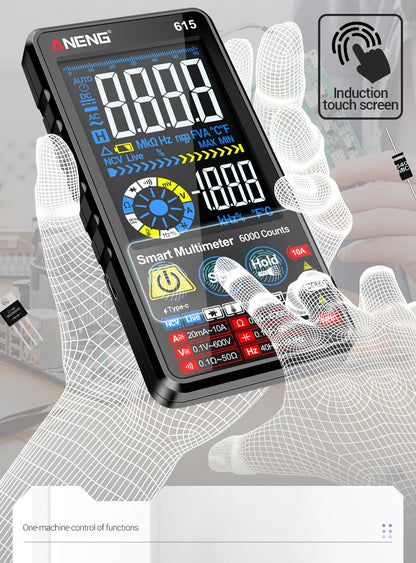 Multímetro Digital Inteligente ANENG AN-615 - Táctil Recargable (6000 Cuentas) Tester Voltaje/Corriente AC/DC