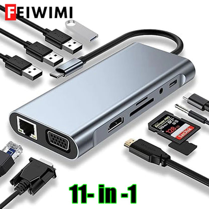 Hub Adaptador Dongle USB-C con HDMI 4K, VGA, PD, RJ45, Lector Tarjetas SD/TF para MacBook Pro/Air M1, iPad