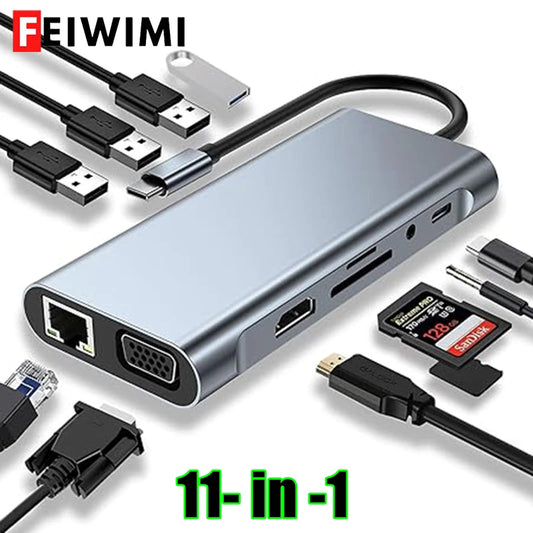 Hub Adaptador Dongle USB-C con HDMI 4K, VGA, PD, RJ45, Lector Tarjetas SD/TF para MacBook Pro/Air M1, iPad
