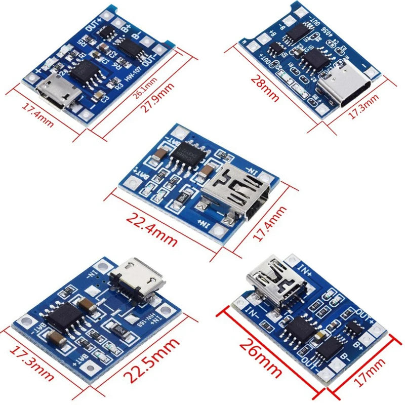 Lote 10 Pcs Módulo Cargador Batería Litio TP4056 5V 1A 18650 con Protección Dual 1A Li-ion