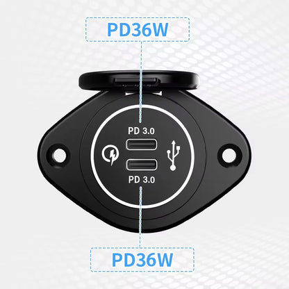 Panel Salida USB RV 12V PD 36W (USB-C) + QC3.0 18W (USB-A) Socket Cargador Auto Carga Rápida