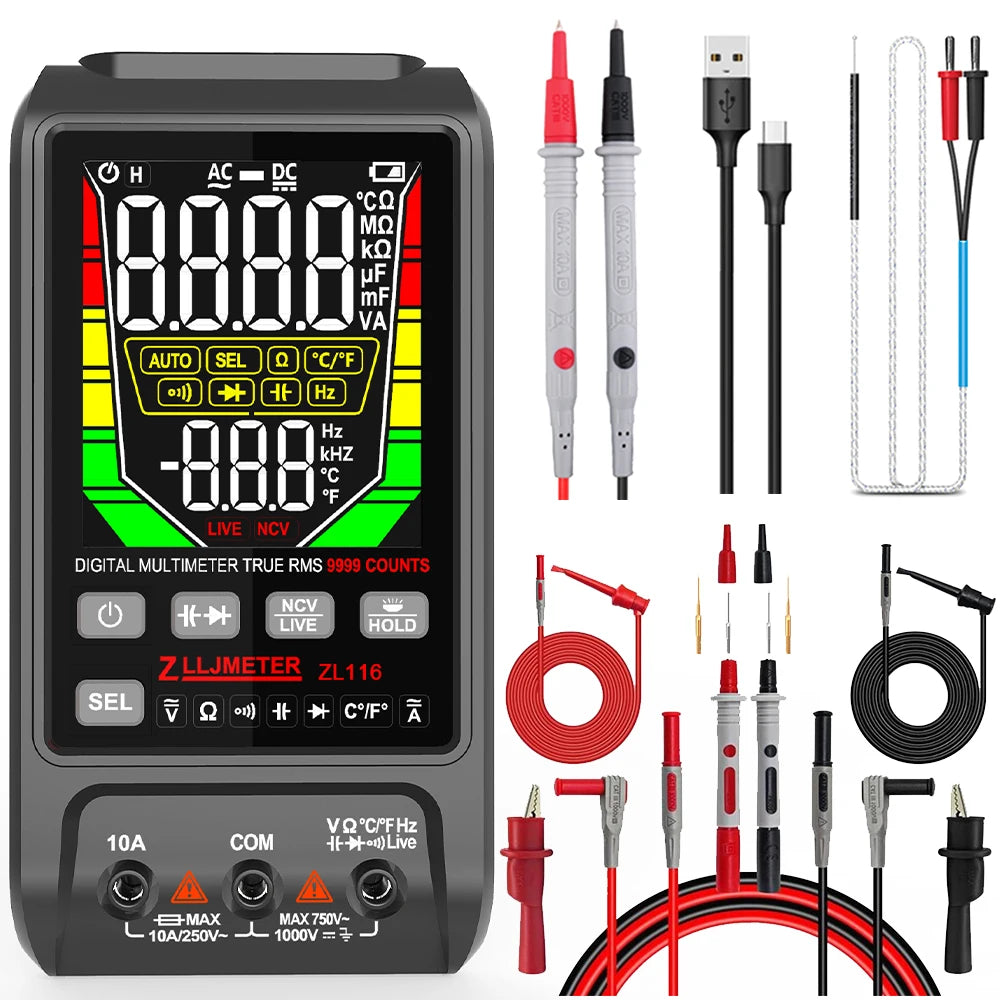 Multímetro Digital Inteligente USB (9999 Cuentas) - Pantalla Grande, AC/DC, Capacitancia, Ohm, Hz, Temp