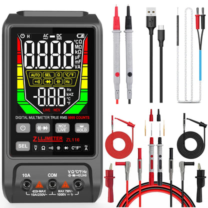 Multímetro Digital Inteligente USB (9999 Cuentas) - Pantalla Grande, AC/DC, Capacitancia, Ohm, Hz, Temp